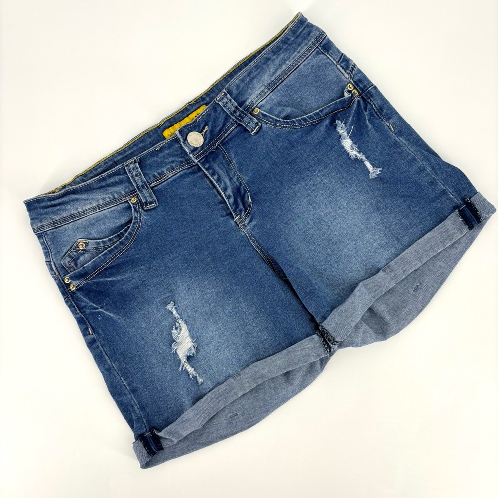 YMI WannaBettaButt? Blue Low Rise Cuffed 4” Distressed Denim Shorts, 9